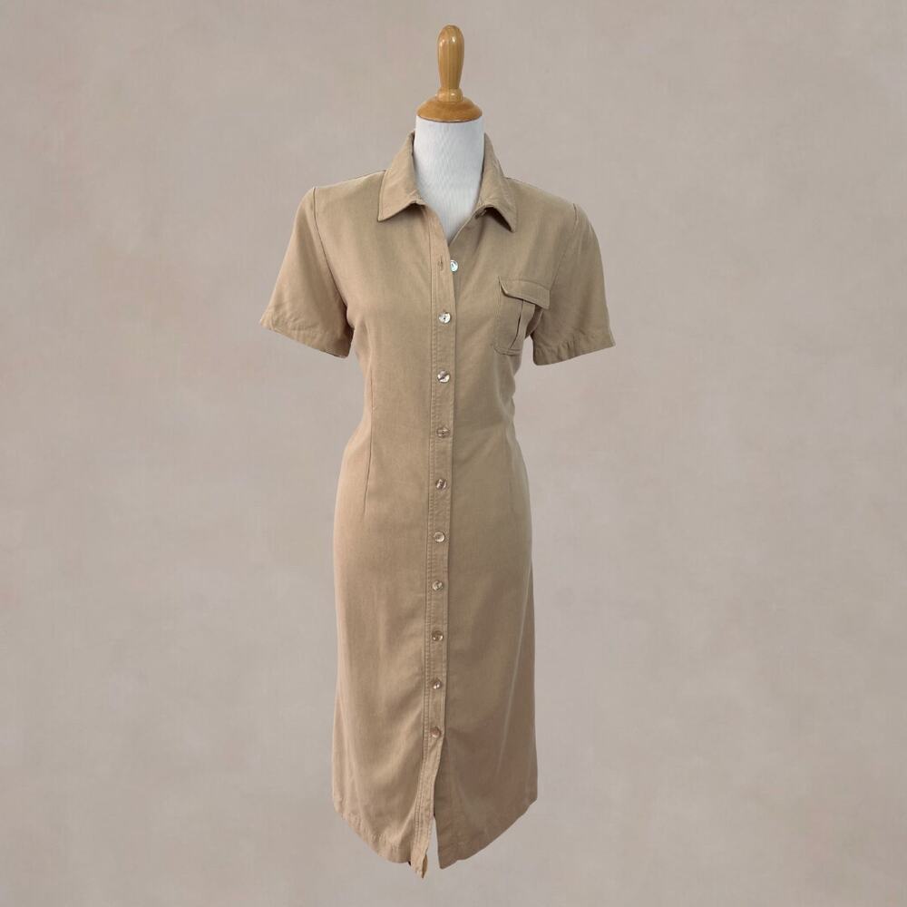 Vintage Y2K Talbots Button Front Shirt Dress Beige Midi Shell Buttons 10